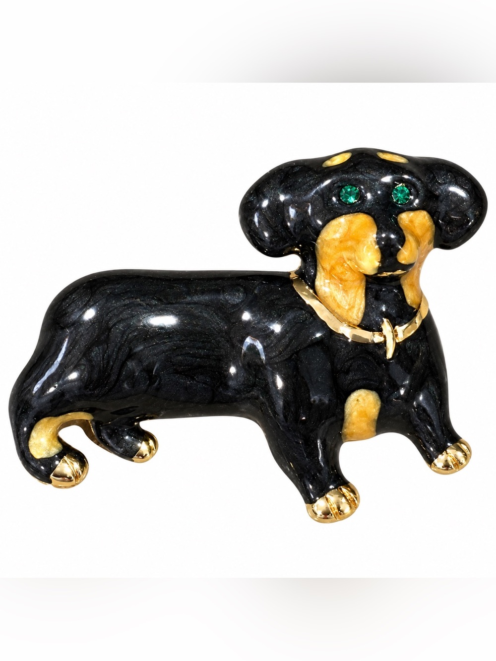 Kirks Folly Black Enamel Dachshund Dog Brooch Pin Green Crystal Eyes Gold Tone